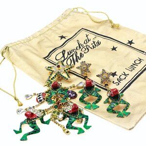 Magnificent Lunch At Ritz  Enamel Frog Christmas Tree Holiday Brooch Earrings Se